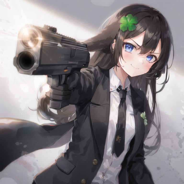 32379-1448968992-1girl, Kiki, four-leaf clover hairclip, ears, long hair, holding gun, looking at viewer, pointing at viewer, black handgun, one.png